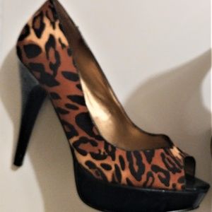 GUESS Cheetah Peep Toe Platform Stiletto Heels
